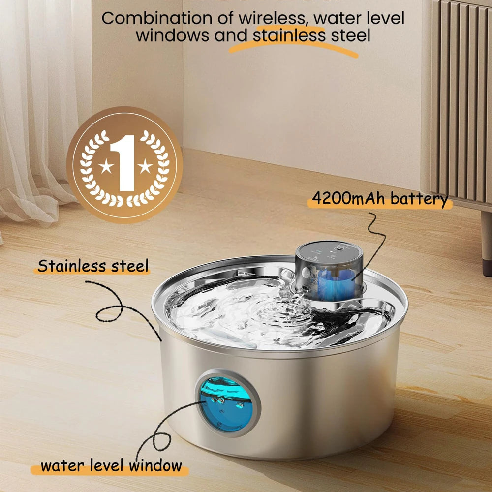 Wireless Motion Sensor Pet Water Fountain - Rechargeable Stainless Steel with Filter