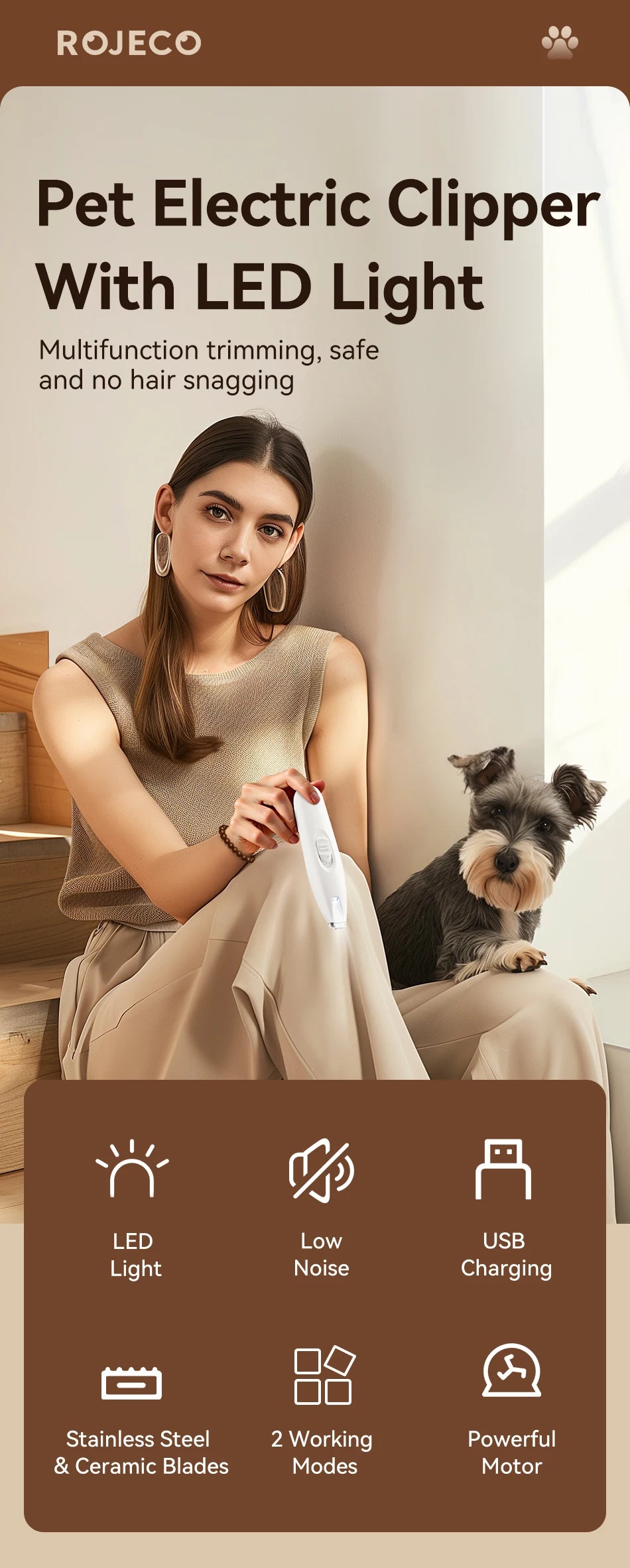 Professional Electric Pet Clipper with LED Light and Rechargeable Battery