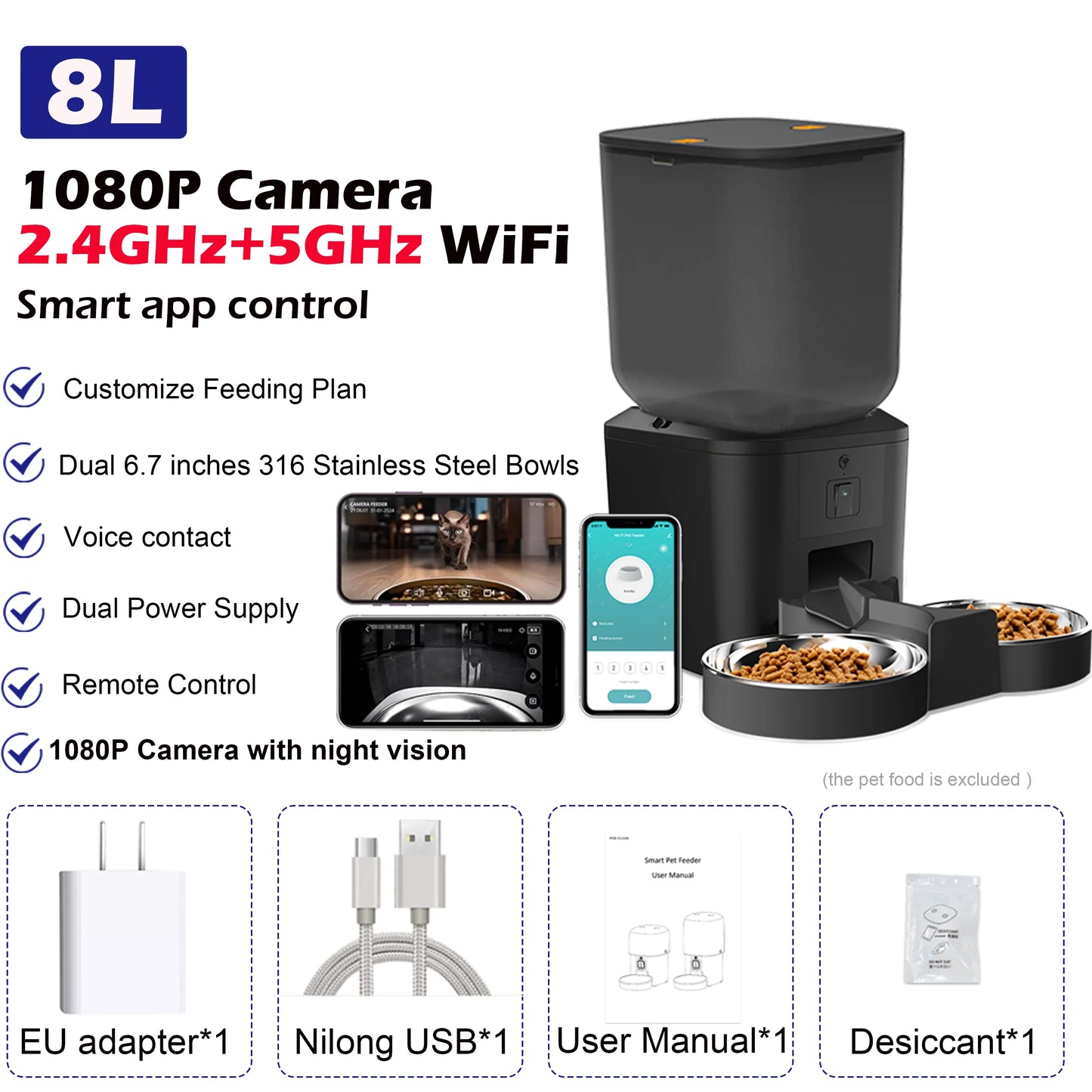 8L Smart Pet Feeder with 1080P Camera, Night Vision & Stainless Steel Bowl — 5G Wi-Fi & Tuya App