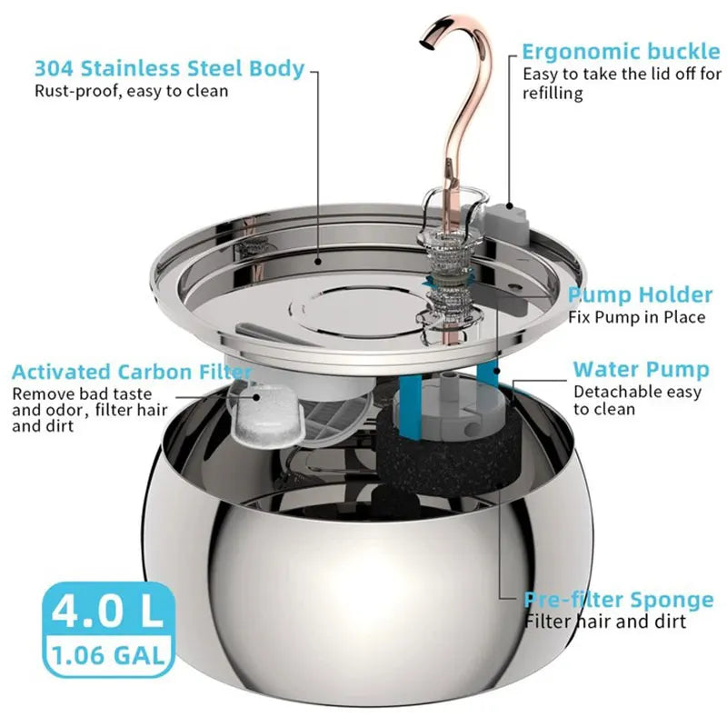 Pet Intelligent Water Dispenser Stainless Steel Fountain Automatic Circulation Cat Water Dispenser Mute Feeder 4L Swan Neck