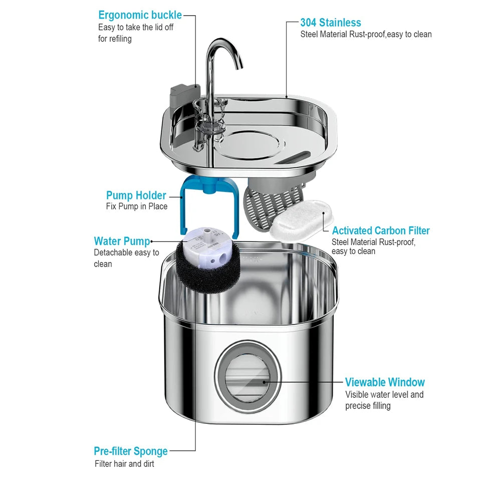 Automatic Pet Water Fountain 2.2L - Stainless Steel with Viewing Window