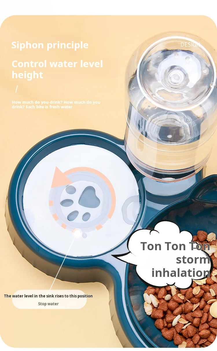 3-in-1 Pet Bowl Set with Gravity Water Feeder - Tilted Design with Ear Shape for Neck Protection