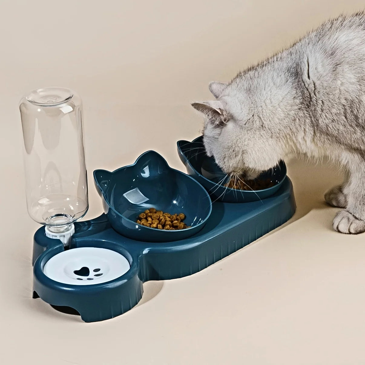 3-in-1 Pet Bowl Set with Gravity Water Feeder - Tilted Design with Ear Shape for Neck Protection