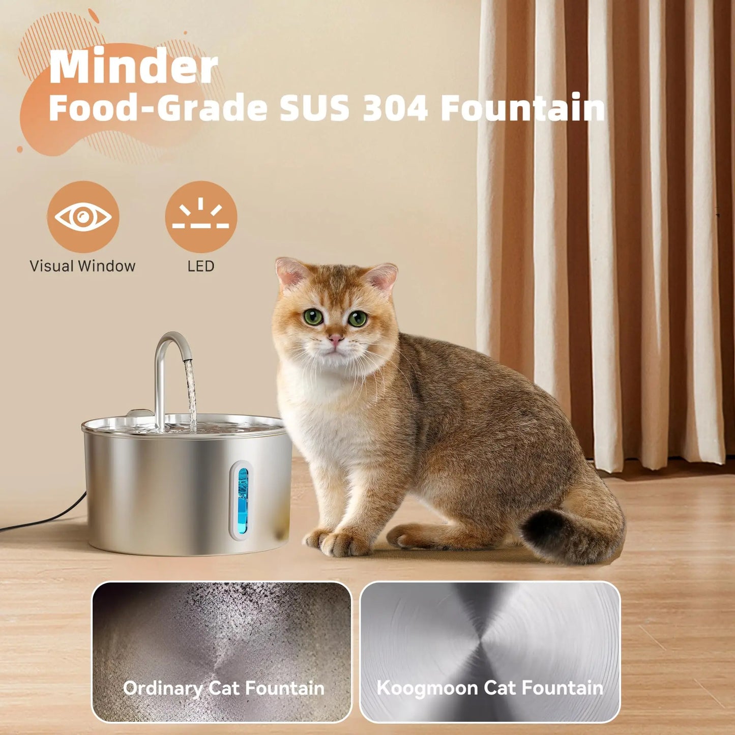 2.2L Automatic Pet Water Fountain - Stainless Steel Silent Water Dispenser with Window