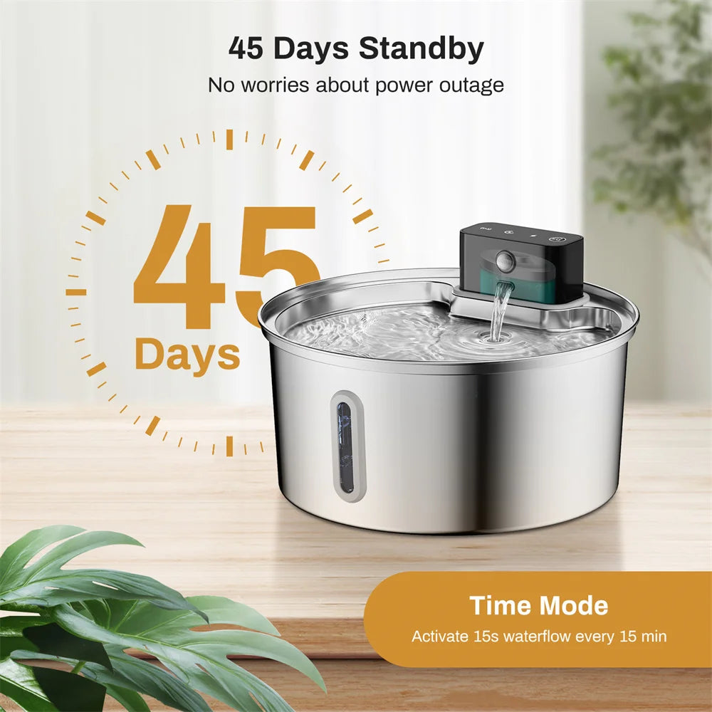 Smart Wireless Charging Pet Water Fountain with Sensor - 3.2L Stainless Steel