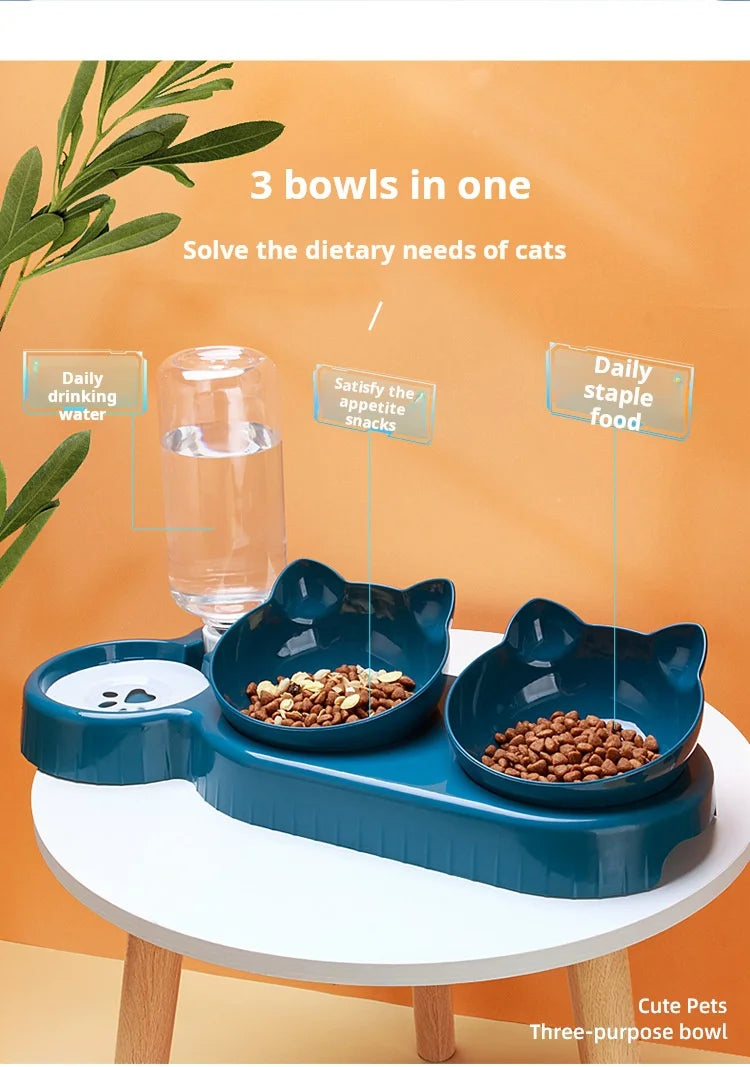 3-in-1 Pet Bowl Set with Gravity Water Feeder - Tilted Design with Ear Shape for Neck Protection
