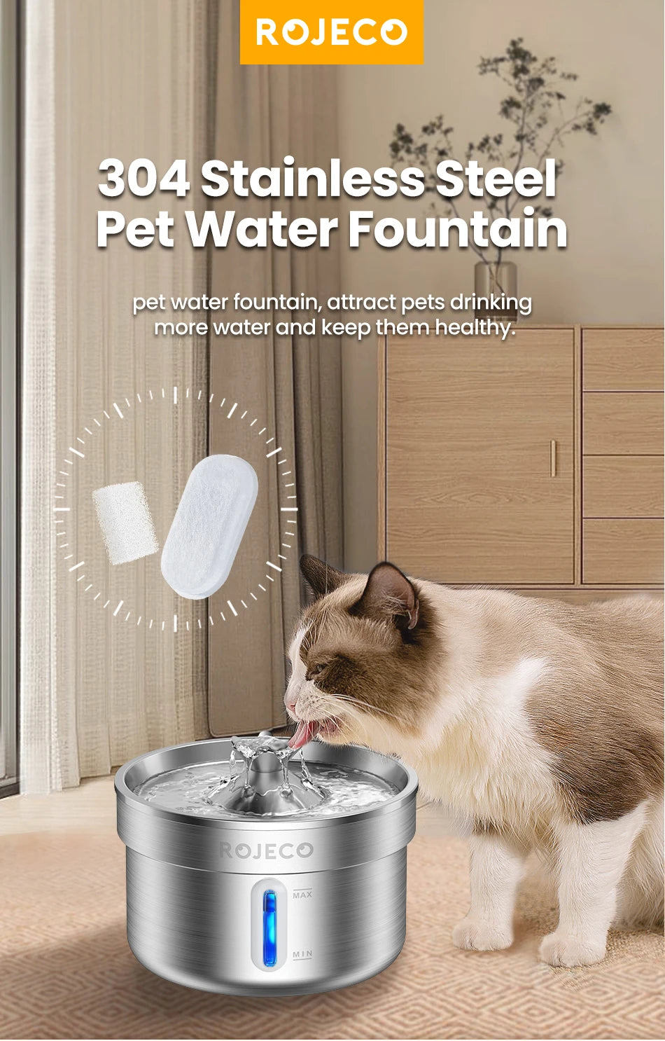 Water Fountain Replacement Filters - 2L Stainless Steel Pet Fountain Purifier