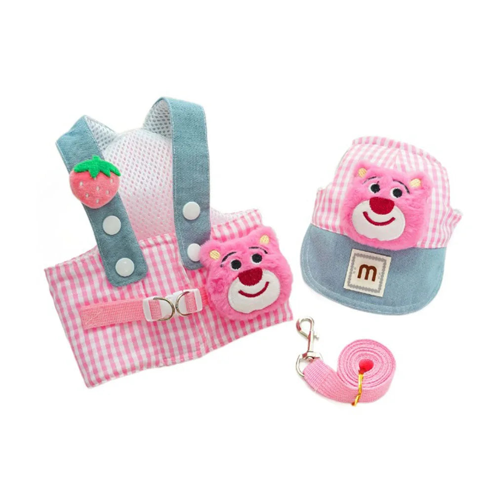 3-Piece Cartoon Pet Harness, Leash & Sun Hat Set – Vest Harness Costume for Cats & Small Dogs