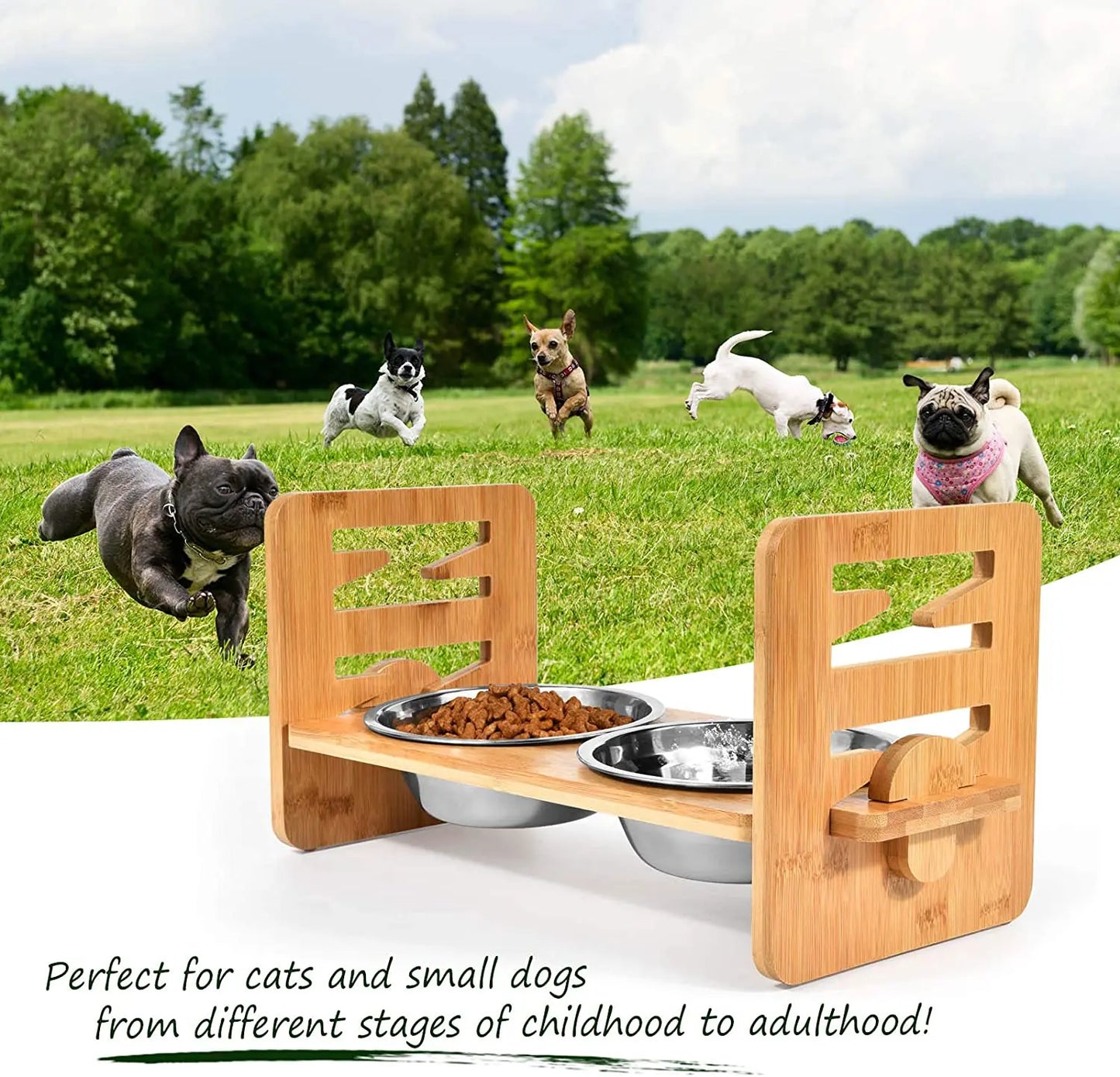 Bamboo Elevated Slanted Bowl Stand for Dogs & Cats — 15° Tilt or Flat, 6 Adjustable Heights