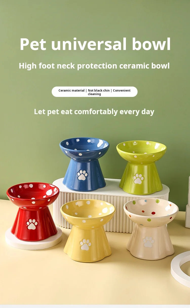 Elevated Ceramic Cat Bowl - Anti-Black Chin Design with Cervical Spine Protection