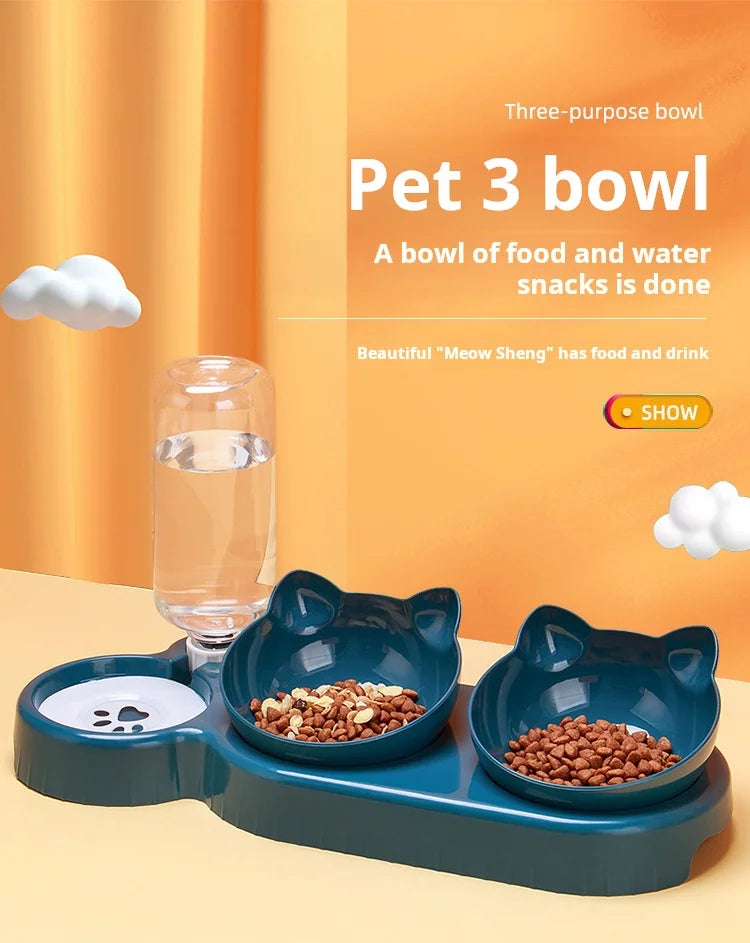 3-in-1 Pet Bowl Set with Gravity Water Feeder - Tilted Design with Ear Shape for Neck Protection