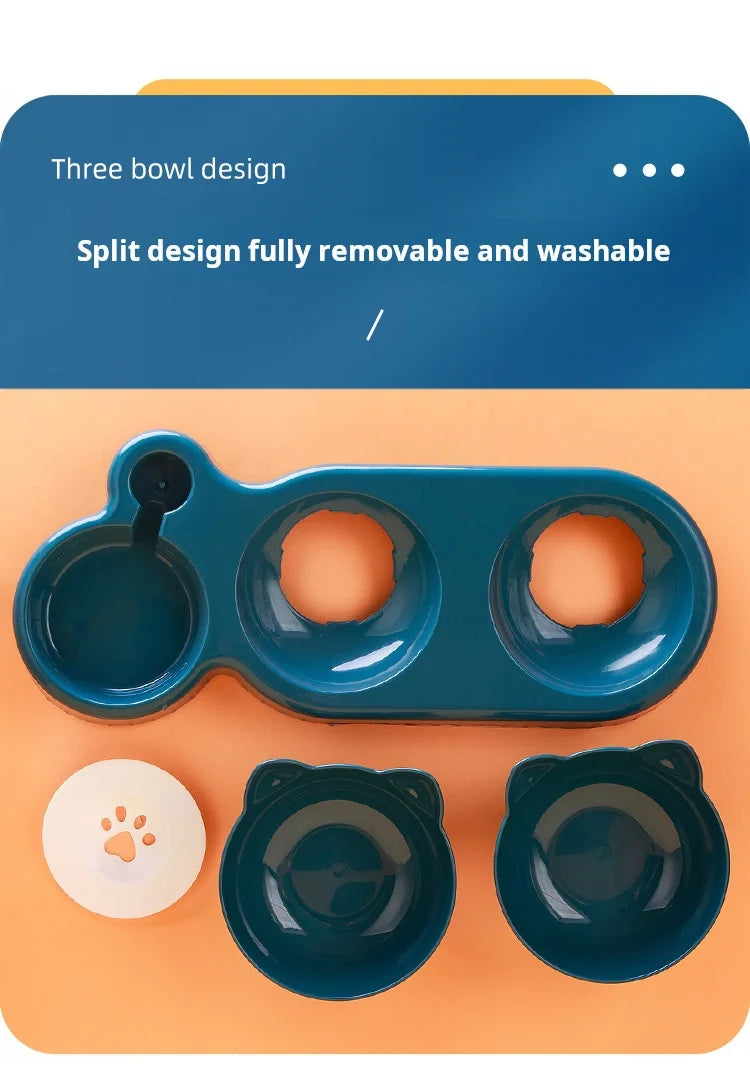 3-in-1 Pet Bowl Set with Gravity Water Feeder - Tilted Design with Ear Shape for Neck Protection