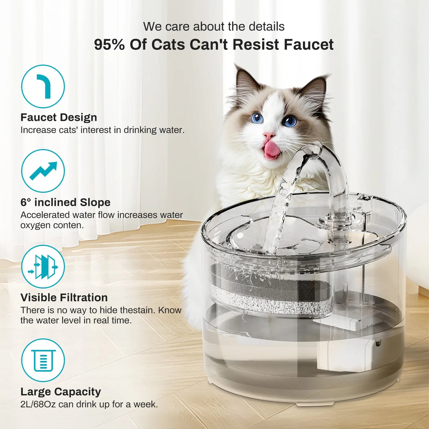 2.2L Silent Pet Water Fountain with Visible Filtration - Automatic Dispenser for Cats & Dogs