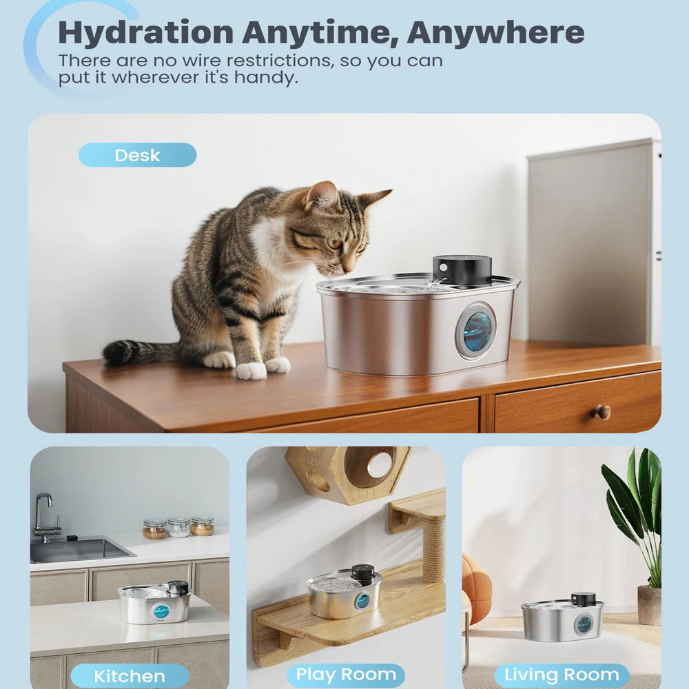 3.2L Wireless Pet Water Fountain - Motion Sensor Stainless Steel Automatic Dispenser
