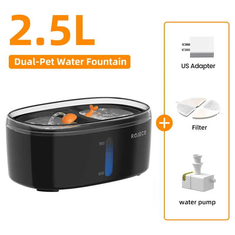 Automatic Cat Water Fountain with Dual Bowls - Wireless Pet Water Dispenser