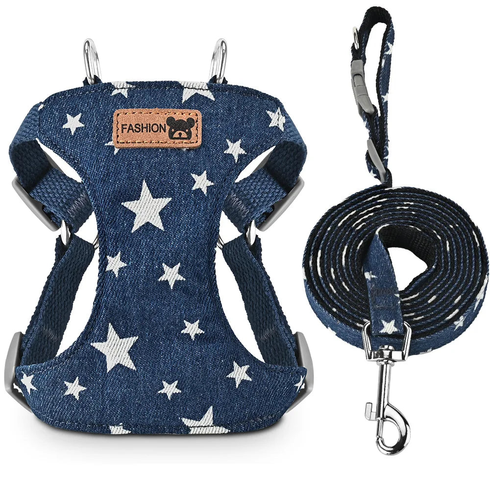 Harnais anti-évasion en jean maillé avec laisse pour chien et chat | Gilet rembourré réglable pour petits chiens et chiots
