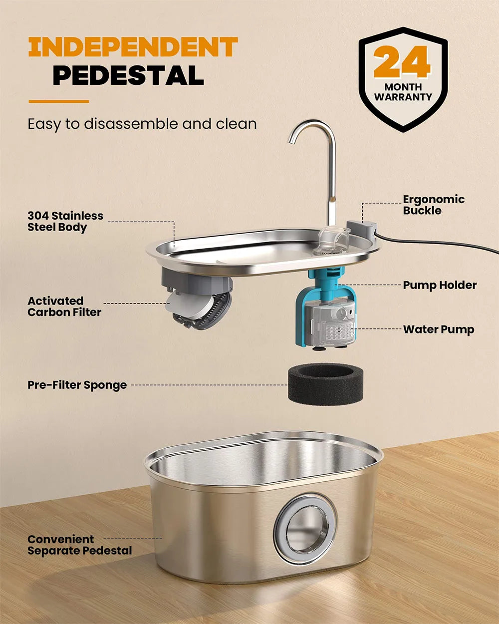 Premium Pet Water Fountain - 3.2L Stainless Steel with Silent Filter & Transparent Window
