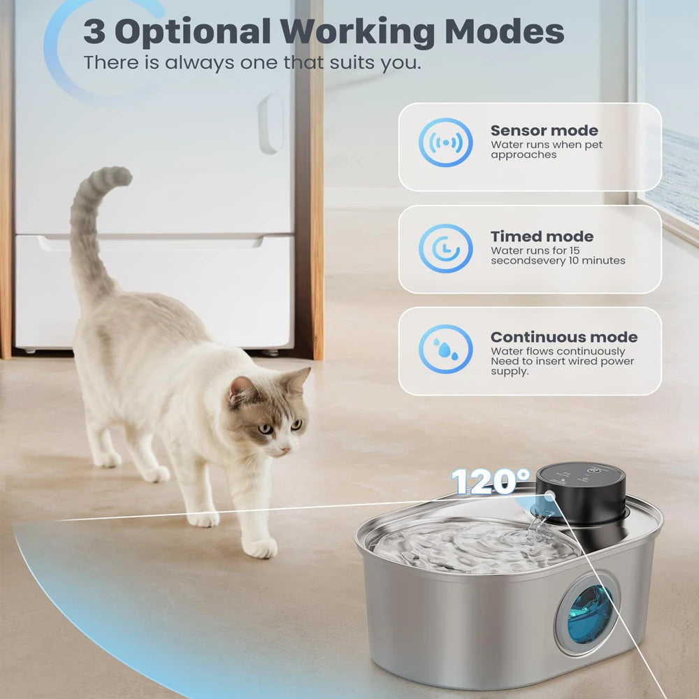 3.2L Wireless Pet Water Fountain - Motion Sensor Stainless Steel Automatic Dispenser