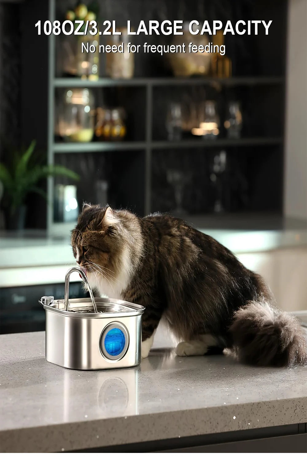 Smart Pet Water Fountain 3.2L - Stainless Steel with Visual Window