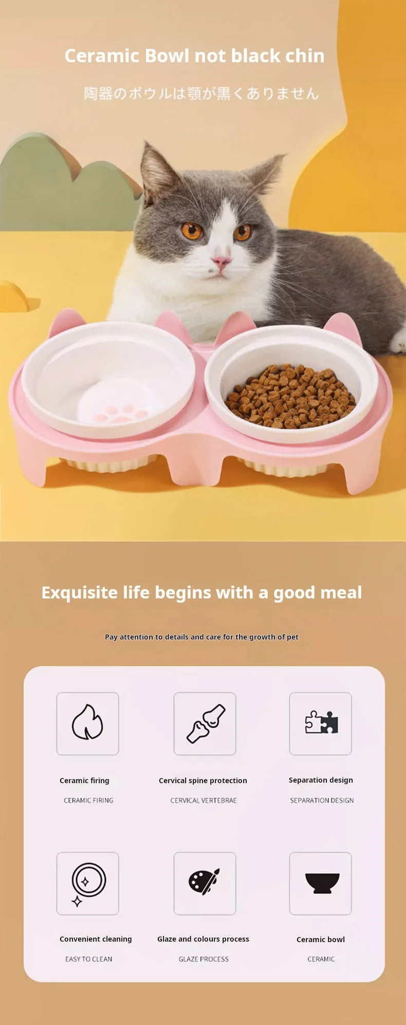 Elevated Ceramic Pet Bowl Set - Double Bowl Design for Neck Protection