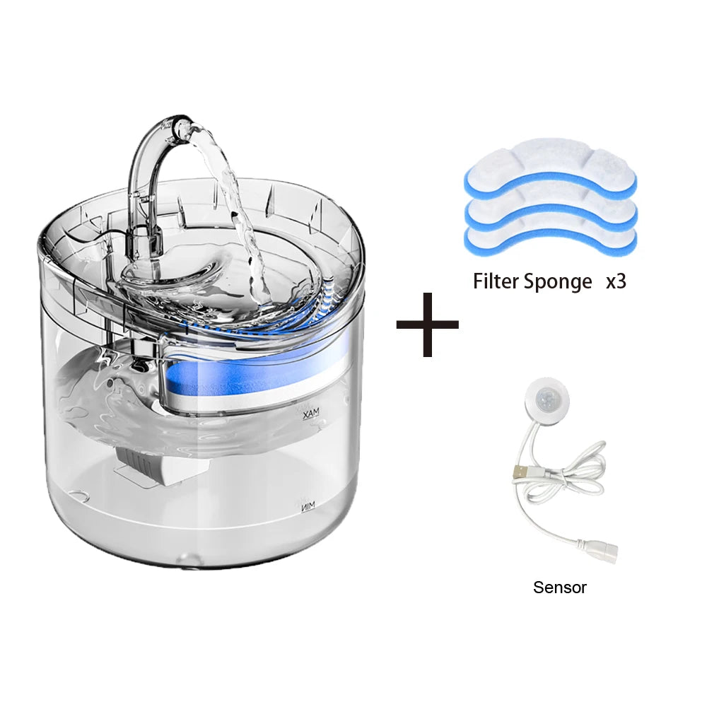 Fontaine à eau pour animaux de compagnie de 2 L avec capteur de mouvement et filtre à charbon actif — Alimentée par USB