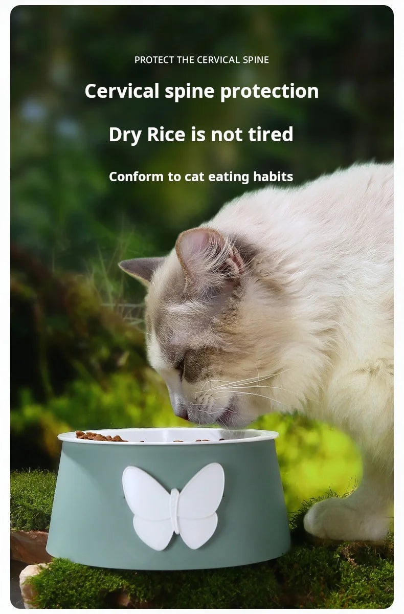 Ceramic Pet Bowl with Neck Protection - Butterfly Design Food-Grade Bowl