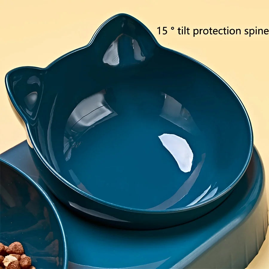 3-in-1 Pet Bowl Set with Gravity Water Feeder - Tilted Design with Ear Shape for Neck Protection