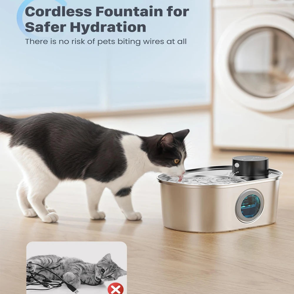 3.2L Wireless Motion Sensor Pet Water Fountain - Stainless Steel Rechargeable Automatic Dispenser