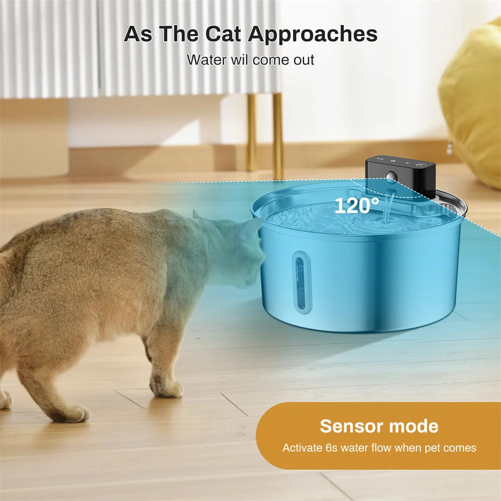 Smart Wireless Charging Pet Water Fountain with Sensor - 3.2L Stainless Steel