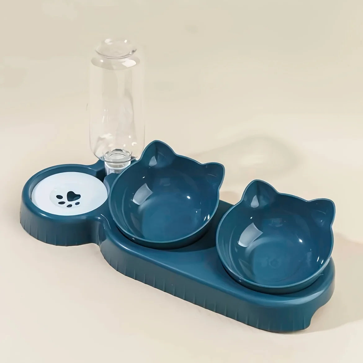 3-in-1 Pet Bowl Set with Gravity Water Feeder - Tilted Design with Ear Shape for Neck Protection