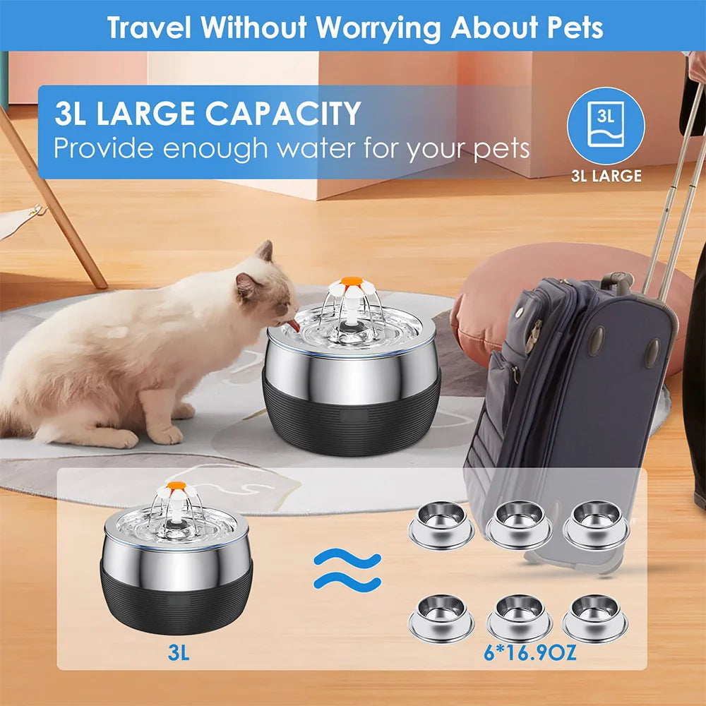 Automatic Stainless Steel Pet Water Fountain with Filter - 3L Capacity