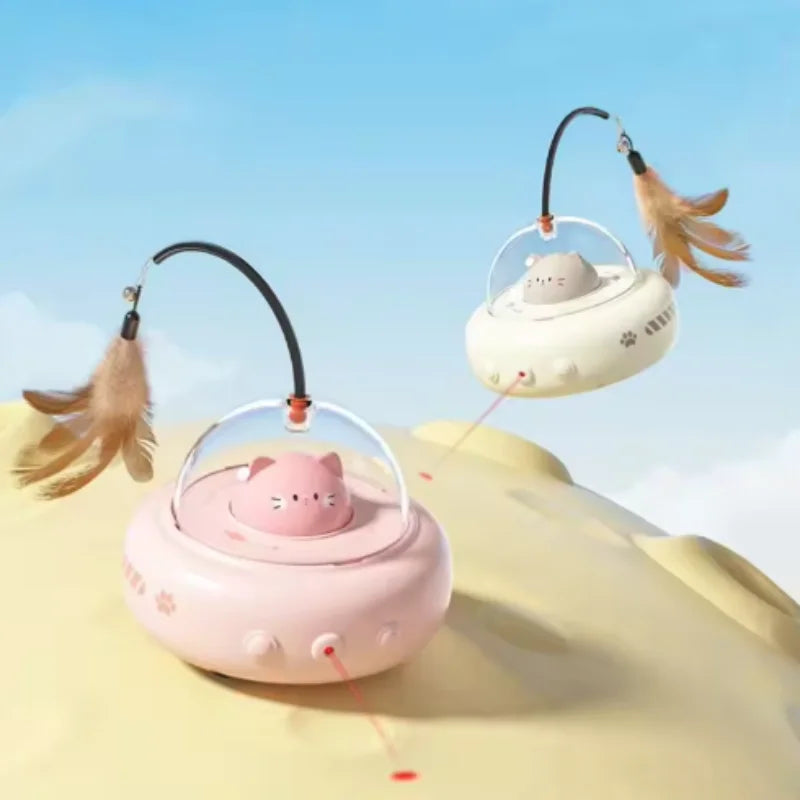 Electric UFO Cat Teaser Toy with Bell & Replaceable Feather