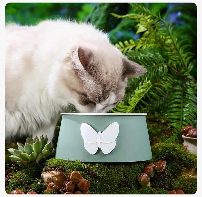 Ceramic Pet Bowl with Neck Protection - Butterfly Design Food-Grade Bowl