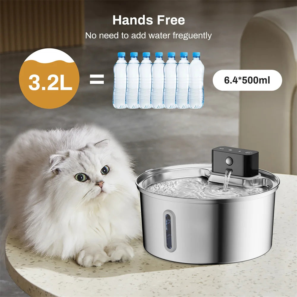 Smart Wireless Charging Pet Water Fountain with Sensor - 3.2L Stainless Steel
