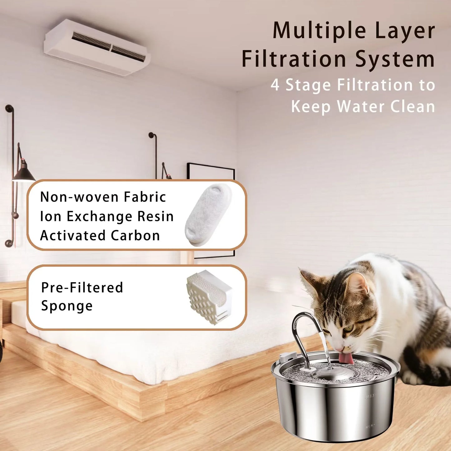 Distributeur d'eau pour animaux de compagnie en acier inoxydable de 3,2 L - Pompe filtrante silencieuse, distributeur d'eau automatique intelligent pour chats et chiens
