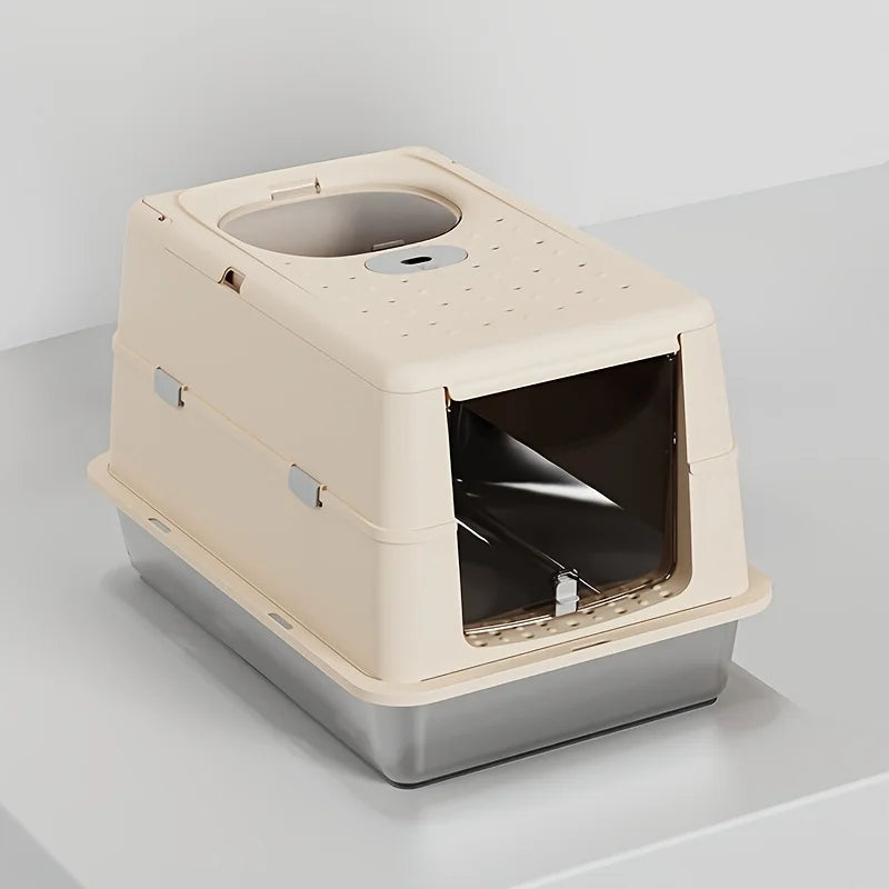 Enclosed Stainless Steel Cat Litter Box with Flip Cover & Non-Slip Mat