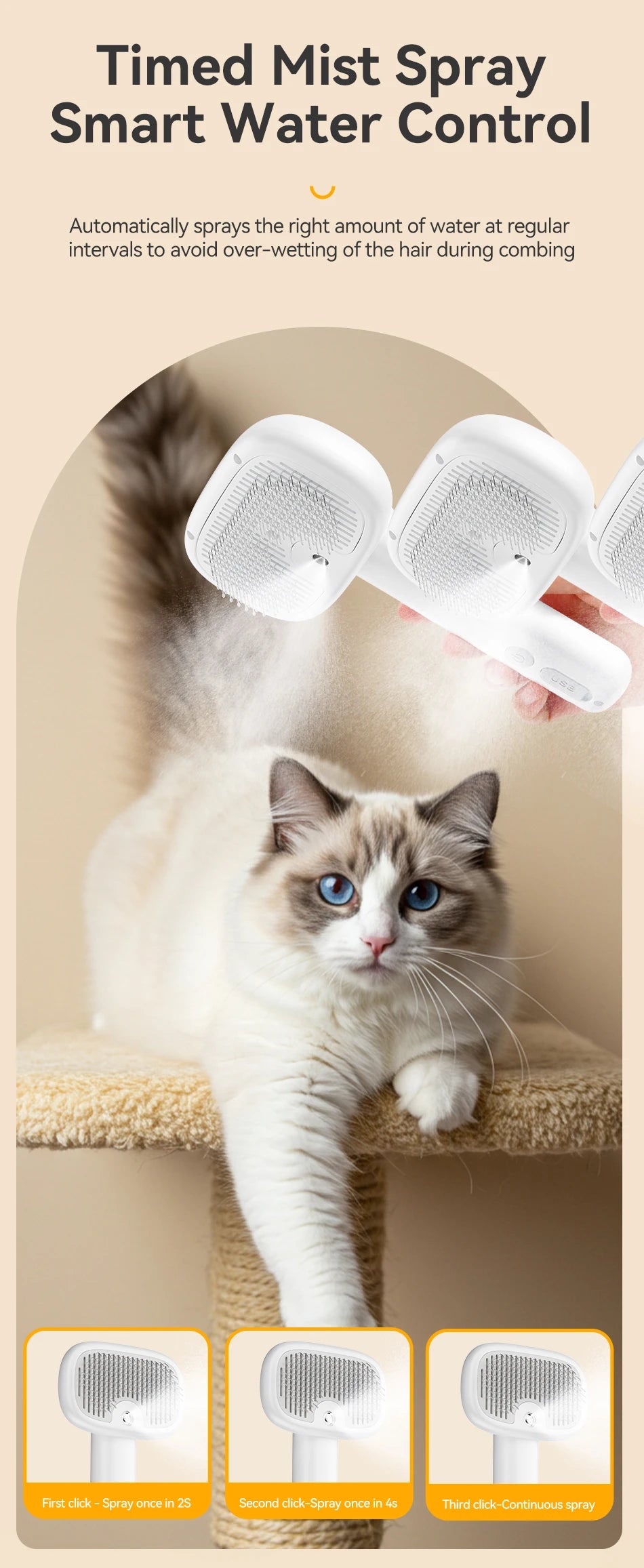 Pet Steam Comb - Electric Spray Brush for Dog & Cat Hair Removal and Grooming
