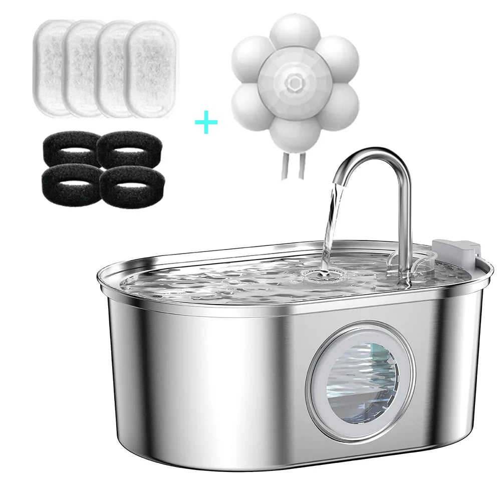 Premium Pet Water Fountain - 3.2L Stainless Steel with Silent Filter & Transparent Window
