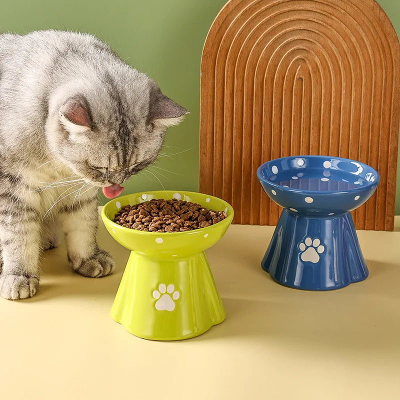 Elevated Ceramic Cat Bowl - Anti-Black Chin Design with Cervical Spine Protection