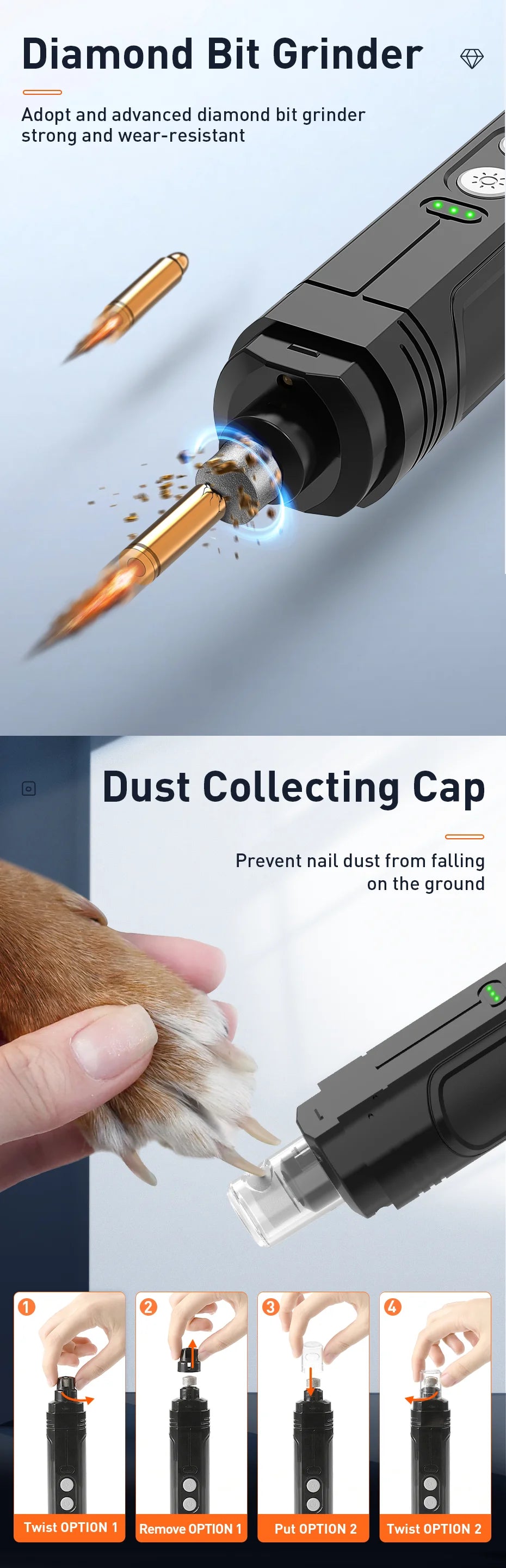Electric Pet Nail Grinder with LED Light - Rechargeable Grooming Tool