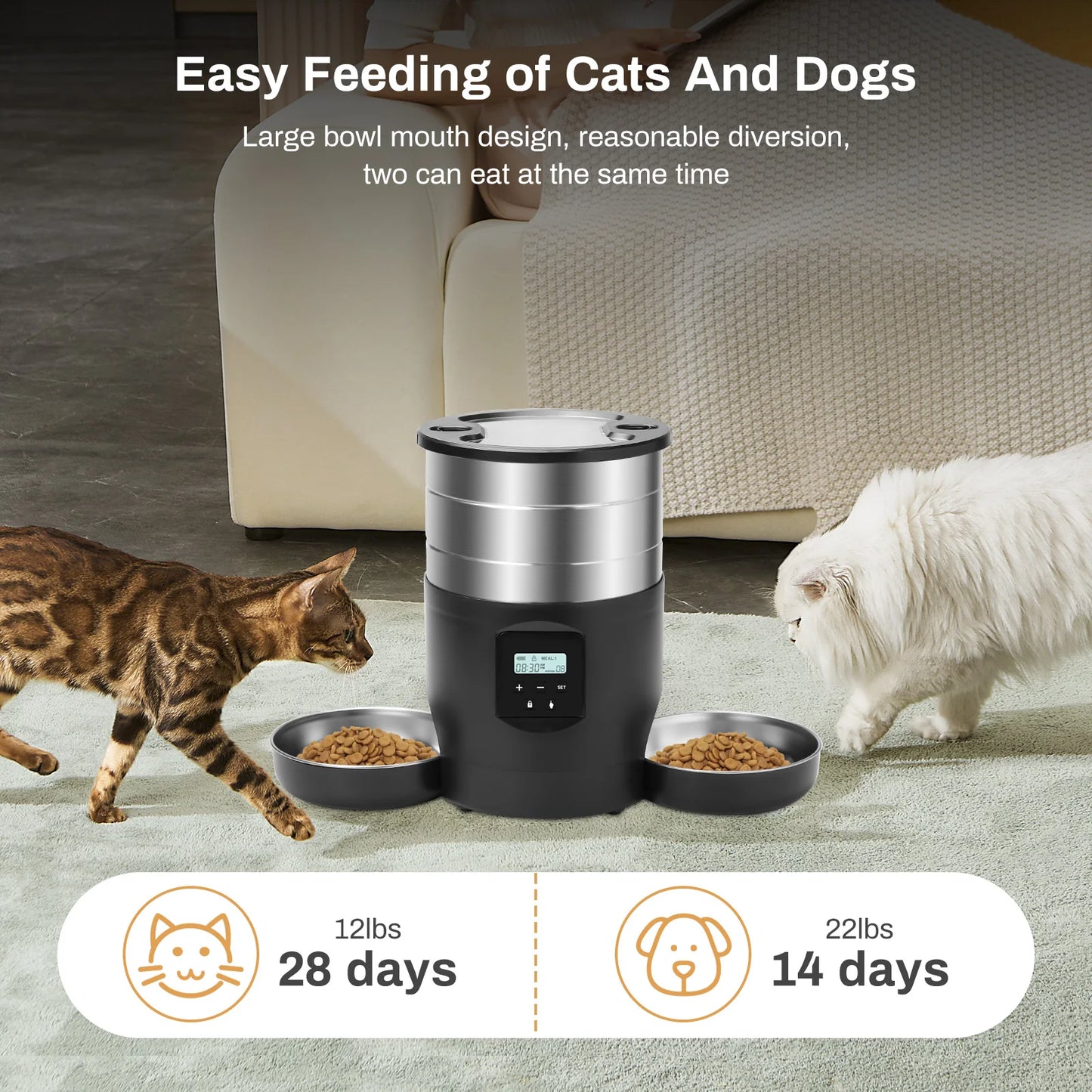 4.5L Smart WiFi Pet Feeder with Dual Stainless Steel Bowls - Automatic Food Dispenser for Cats & Dogs