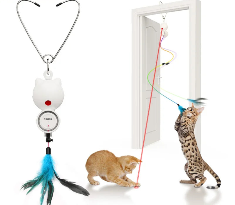 2-in-1 Automatic Cat Laser Toy with Feather Wand - Interactive Pet Entertainment
