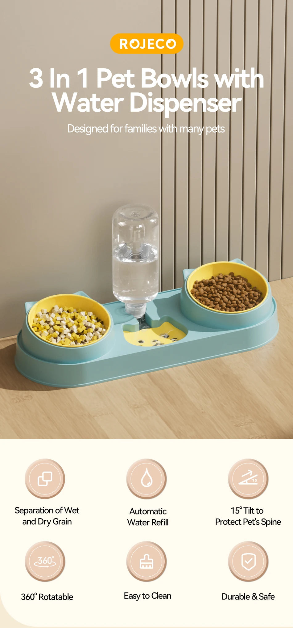 3-in-1 Pet Bowl Set with Automatic Water Dispenser and Dual Feeding System