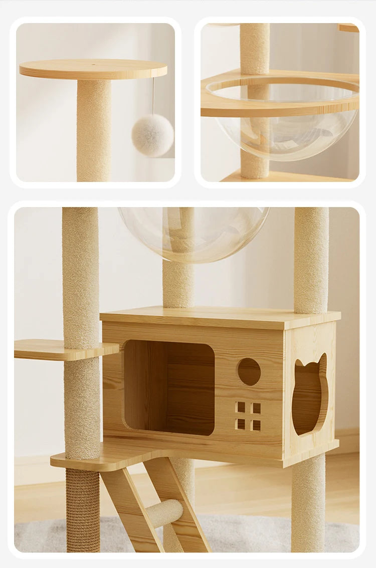 Wooden Cat Tree with Hideaway & Clear Perch