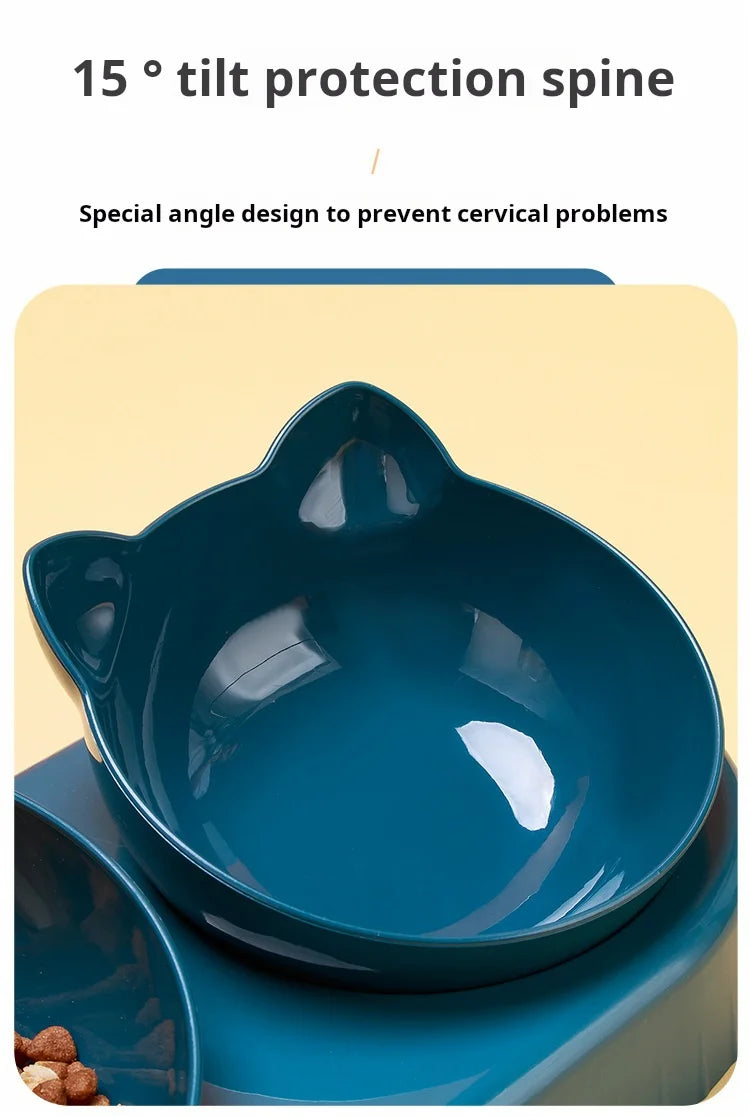 3-in-1 Pet Bowl Set with Gravity Water Feeder - Tilted Design with Ear Shape for Neck Protection