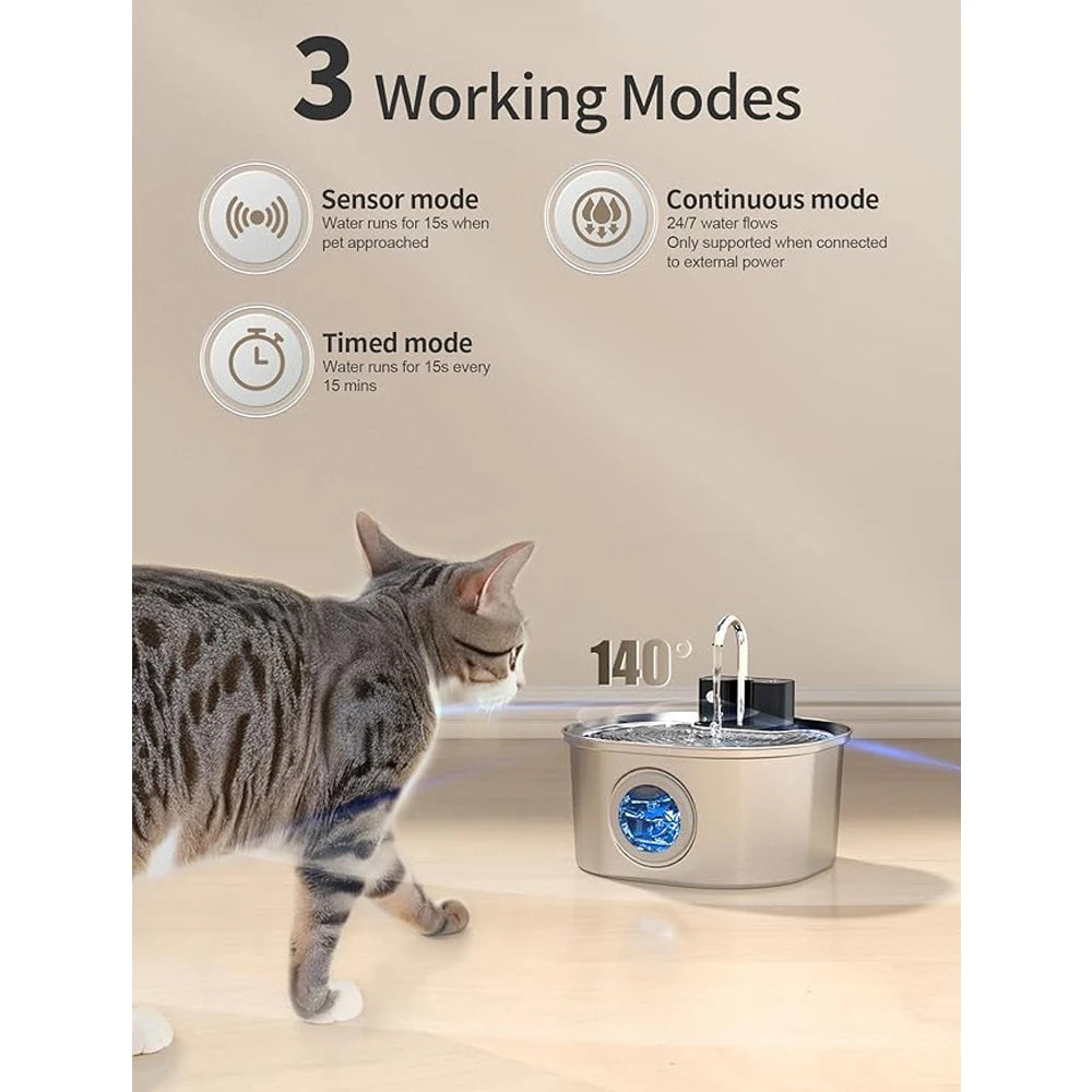 3.2L Wireless Smart Pet Water Fountain - Stainless Steel Automatic Dispenser with Visual Window