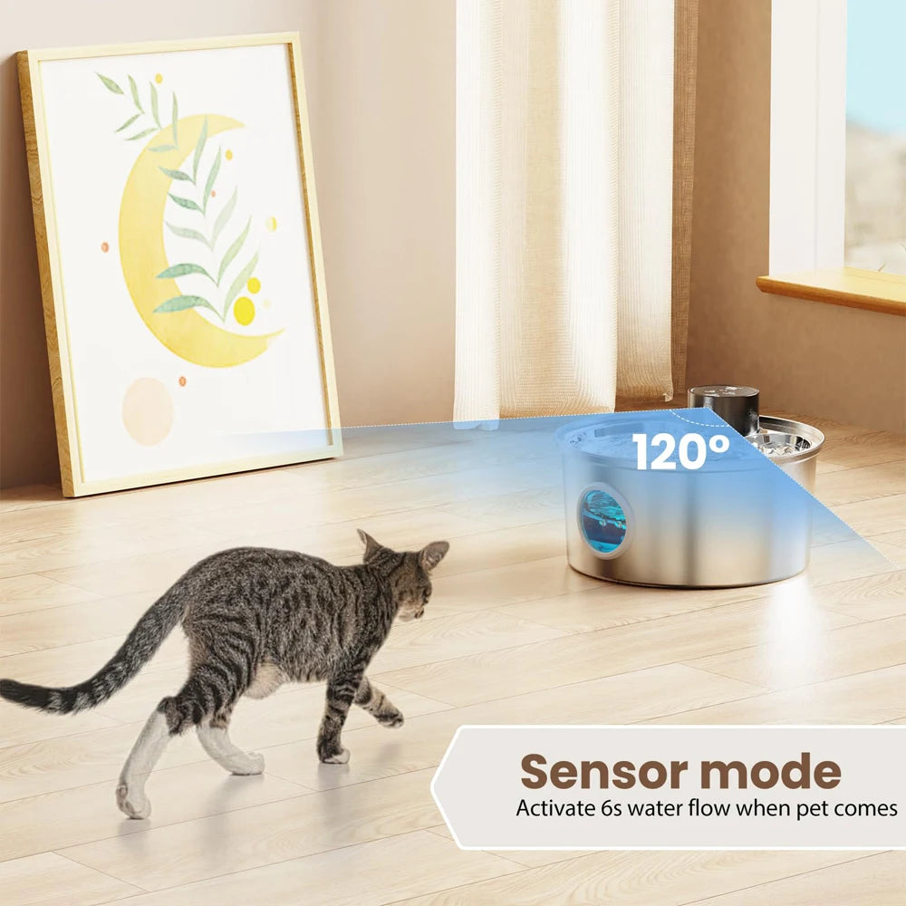 3.2L Wireless Motion Sensor Pet Water Fountain - Stainless Steel Rechargeable Automatic Dispenser
