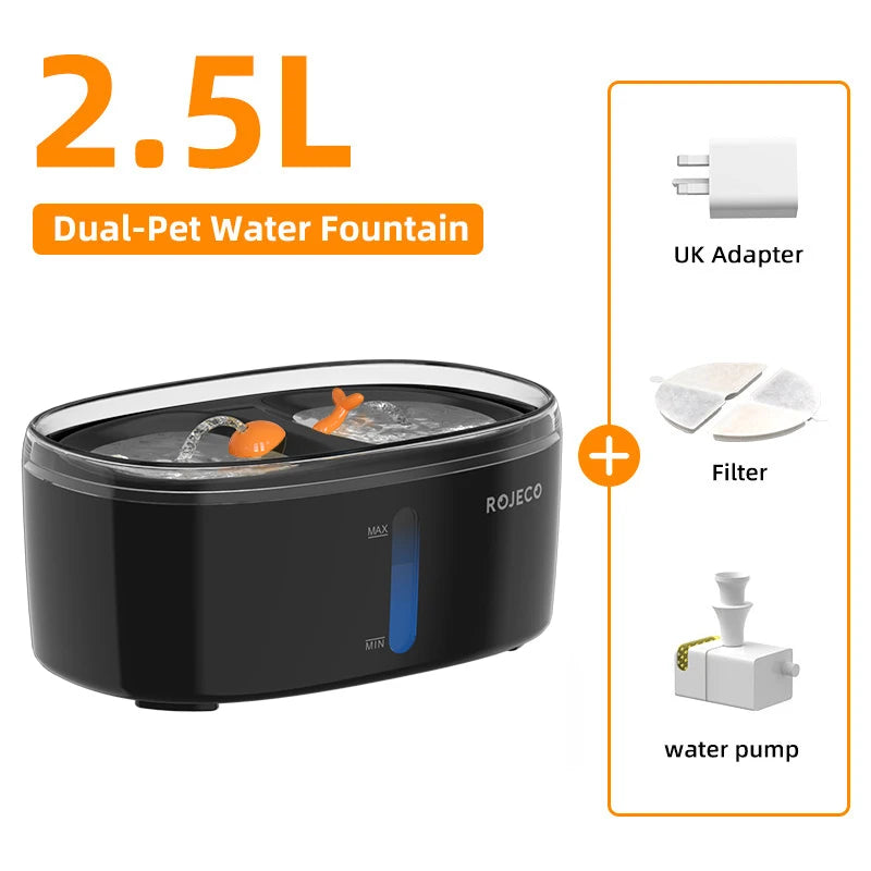 Automatic Cat Water Fountain with Dual Bowls - Wireless Pet Water Dispenser