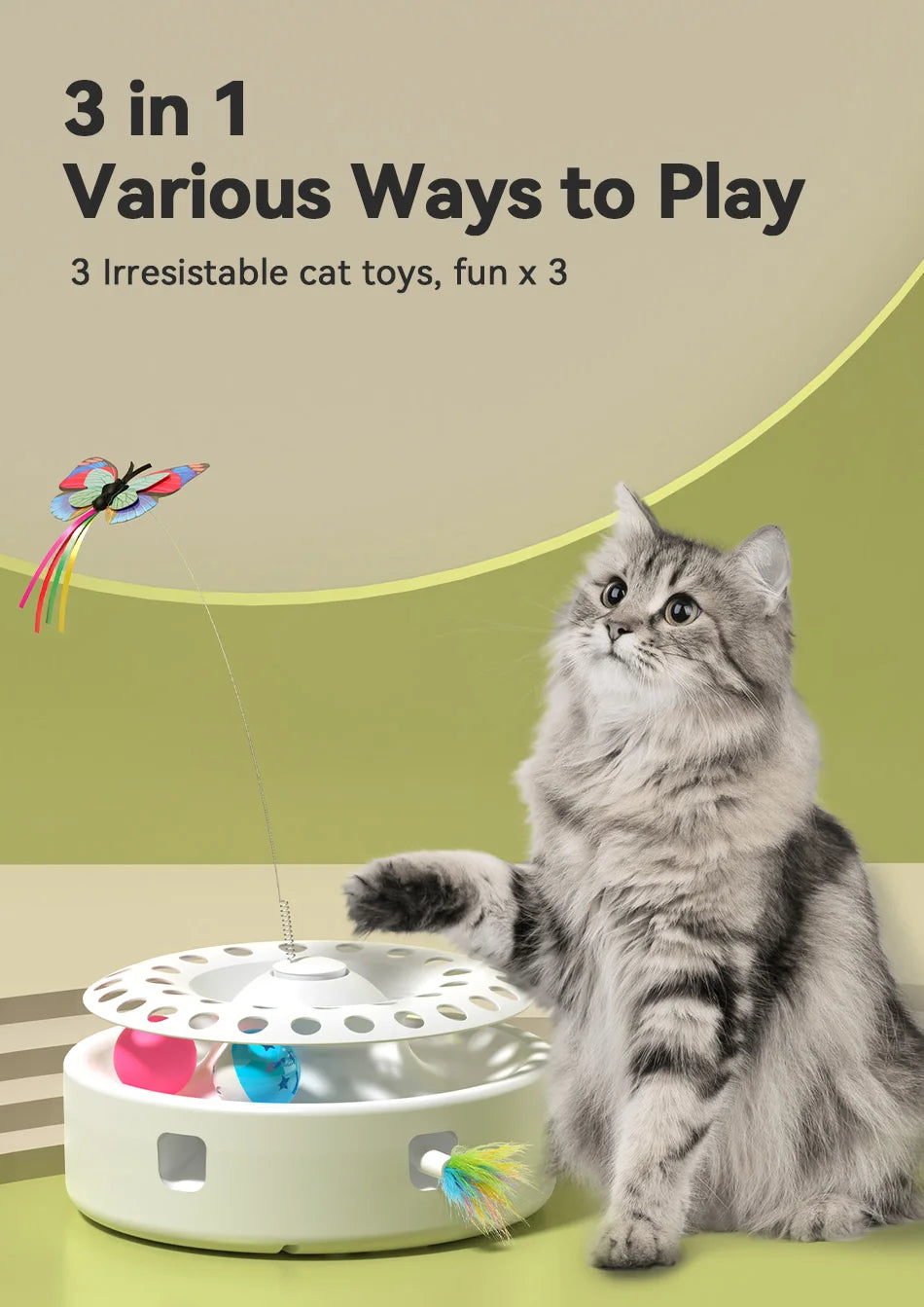 3-in-1 Automatic Cat Toy - Wireless Interactive Feather Wand with Track Ball & Teasing Stick