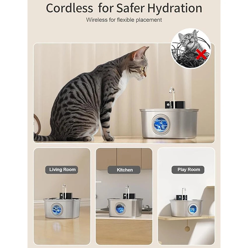 3.2L Wireless Smart Pet Water Fountain - Stainless Steel Automatic Dispenser with Visual Window